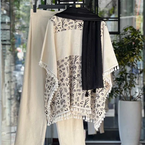 ست پانچ و شلوار لینن طرحدار PM0294